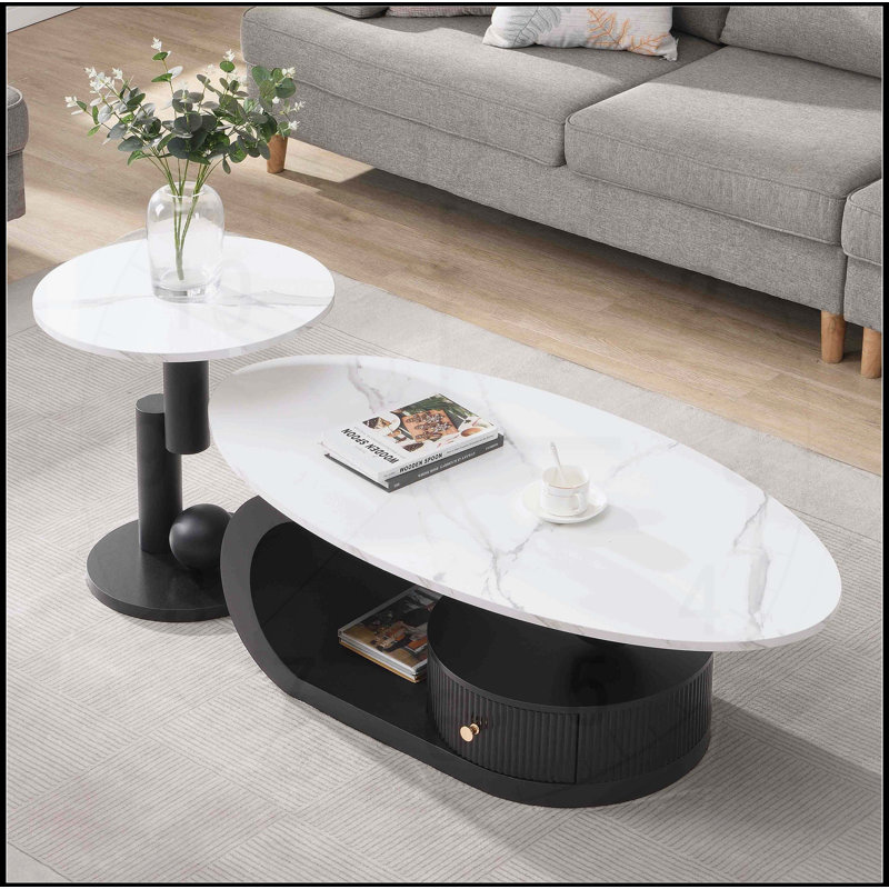 Ensemble de 2 tables basses gigognes, ovales et rondes avec cadre en faux marbre et métal noir pour le salon