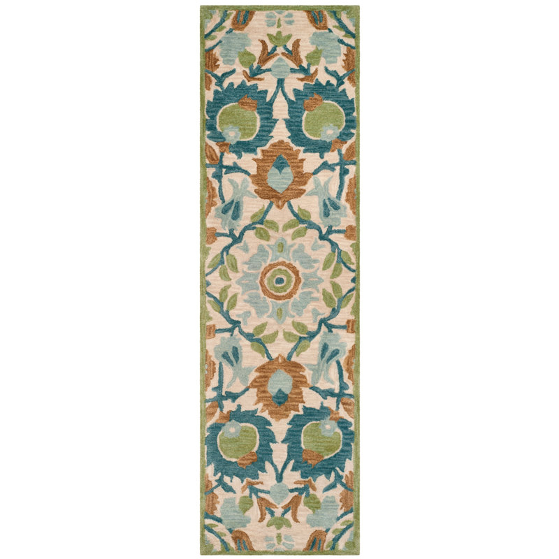 Ivory and Green Handmade Wool Floral Runner Rug