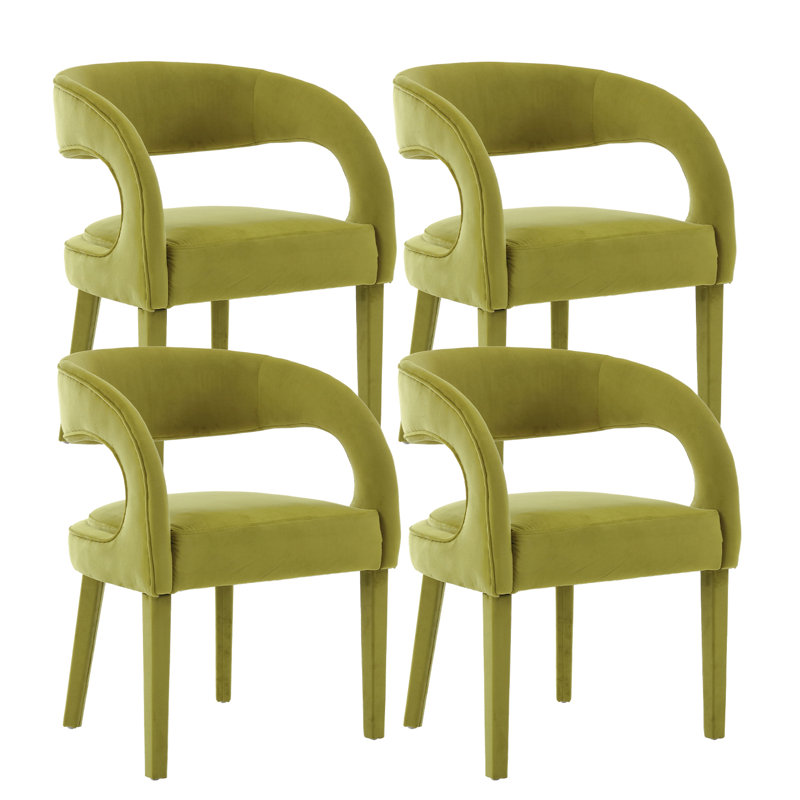 Green Velvet Upholstered Arm Dining Chairs with Wood Legs, Set of 4