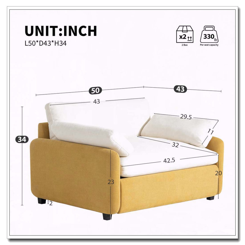 Fauteuil simple surdimensionné en chenille 50 * 43 ", chaise d'appoint large et profonde, Crème, jaune