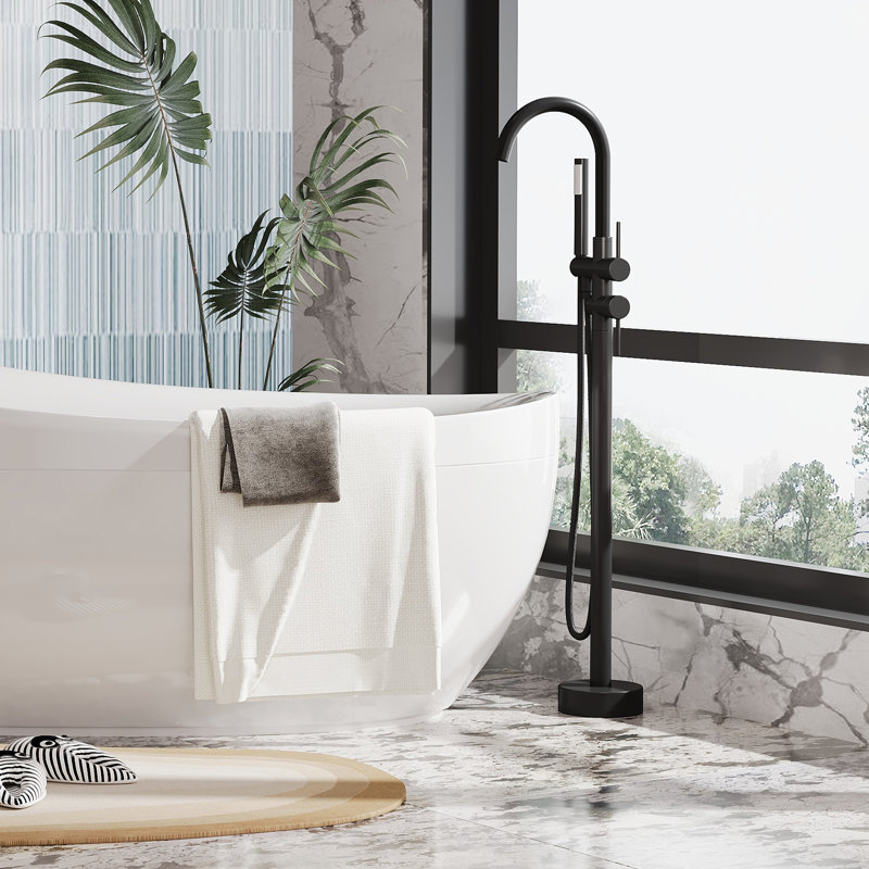 Robinet de baignoire à fixation au sol, robinet autoportant pour robinet de baignoire, robinets de douche à haut débit, mélangeur de douche pivotant avec douchette à main, débit maximal de 7,4 gal / min, noir mat