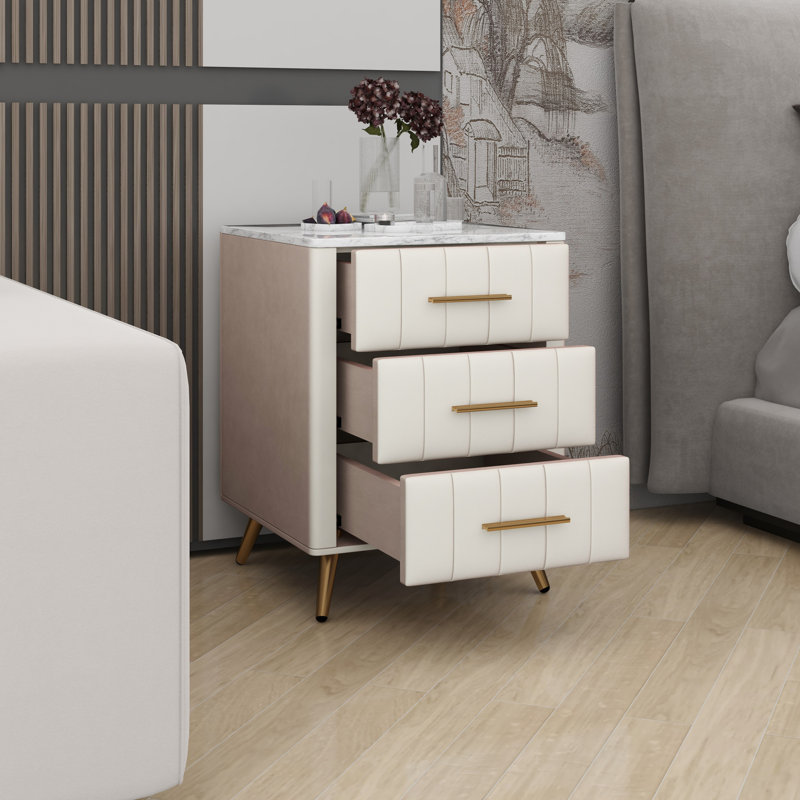 Table de chevet moderne rembourrée avec 3 tiroirs de rangement, pieds en métal et surface autocollante en marbre, Beige