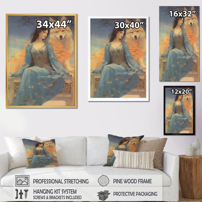 Cosmic Fox with Mystical Woman - reproduction sur toile, Cadre flottant blanc, H 40 po x l 30 po x P 1,5 po