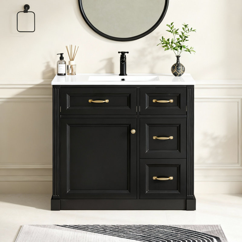 Meuble-lavabo 36 po avec lavabo en céramique, tablette réglable et 4 tiroirs, Noir