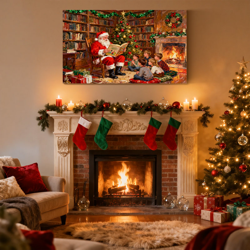 Ensemble de 3 reproductions d'art sur toile, "Christmas Santa Reads To Children By Fireplace", H 20 po x l 30 po