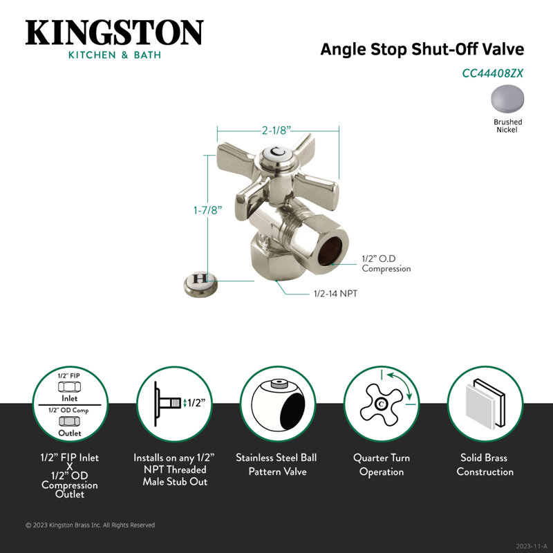 Kingston Brass Millennium 1/2-Inch FIP x 1/2-Inch OD Comp Quarter-Turn Angle Stop Valve, Brushed Nickel