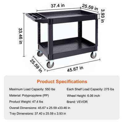 Chariot de service utilitaire, chariot roulant en plastique robuste à 2 étagères, capacité de 250 kg (550 lb), avec roues pivotantes à 360° (dont 2 avec freins), grande étagère à rebord, poignée de rangement ergonomique pour entrepôt/garage/nettoyage