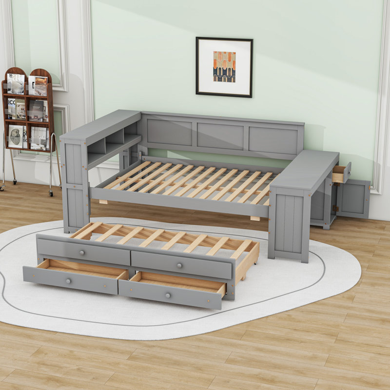 Lit de jour double avec bureau intégré, rangement et éclairage DEL, Gray