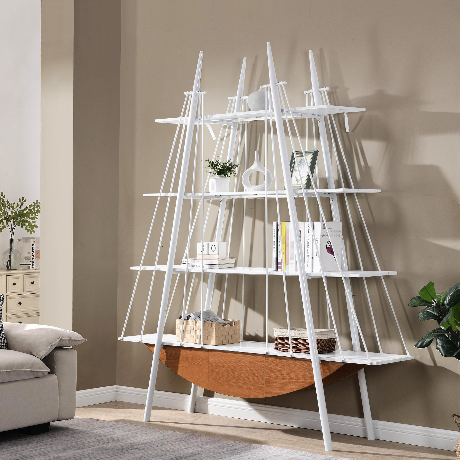 Wovilo Industrial 4 Bookshelf With Drawer, 83.94 Inch Tall White Wooden ...