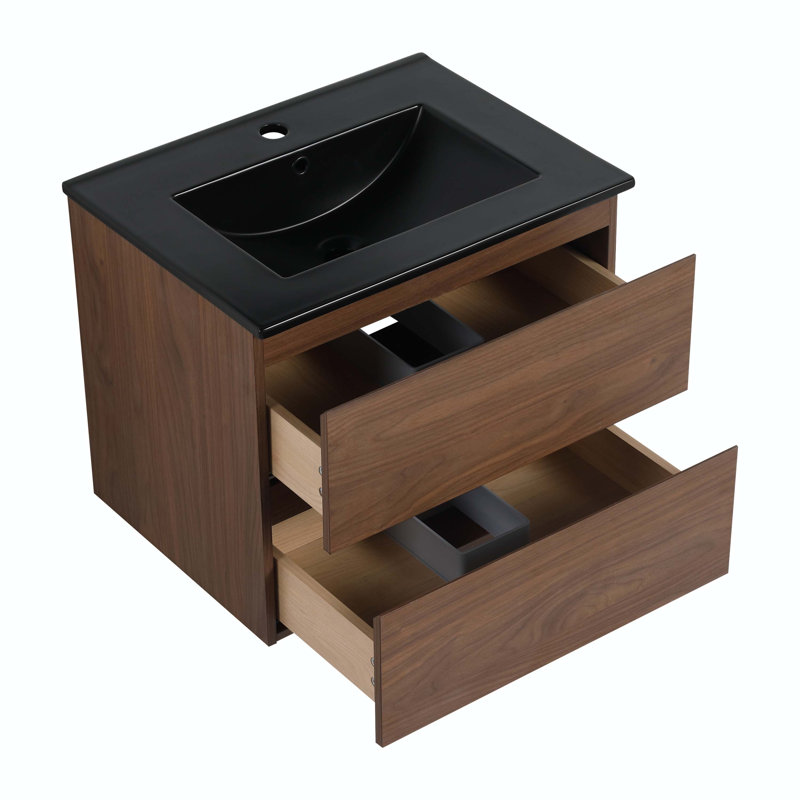 Ensemble de meuble-lavabo simple 24 po avec plateau en bois manufacturé Polloro, Noir, Chêne brun