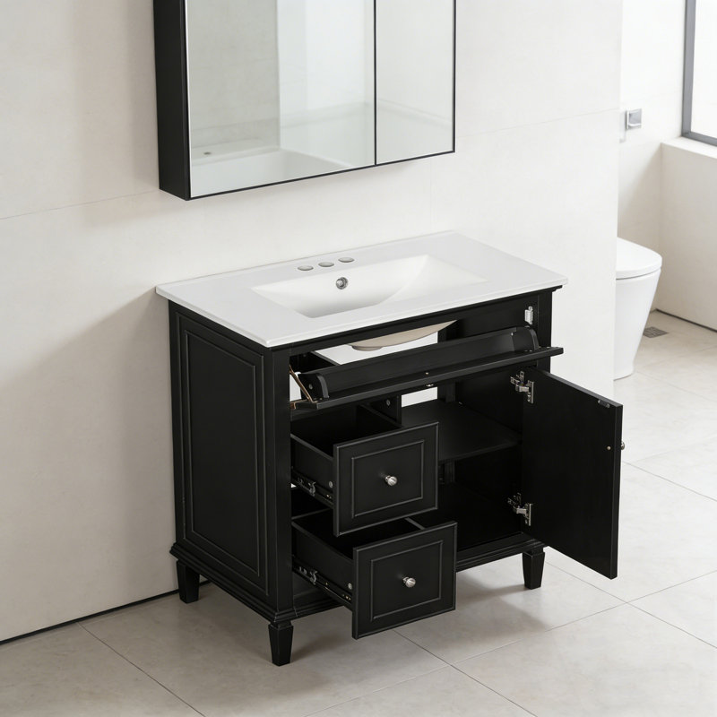 Meuble-lavabo de salle de bain avec lavabo, un tiroir rabattable et deux tiroirs, Noir