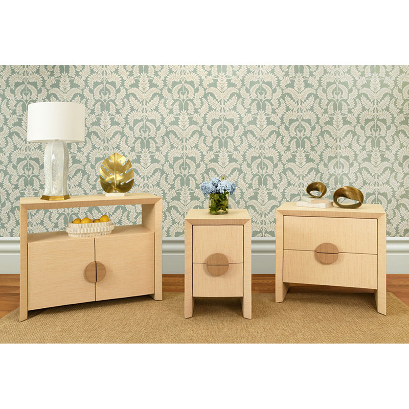 Two Door Console With Open Shelf In Natural Grasscloth With Cerused Oak Handles, Black