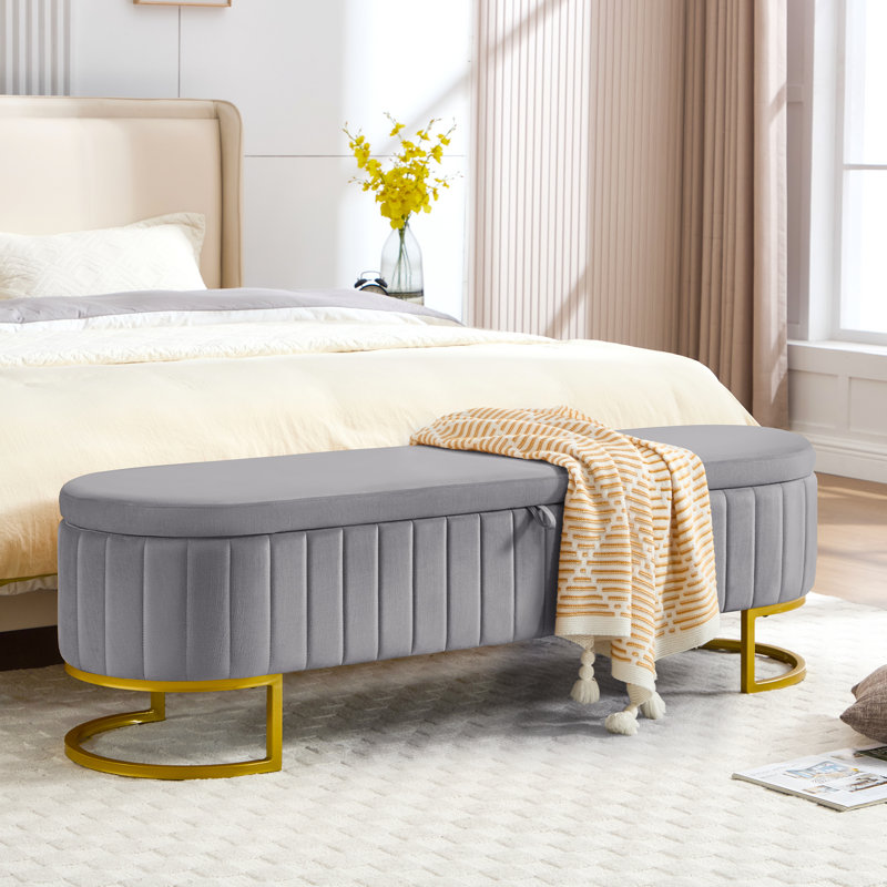 Velvet Upholstered Storage Bench with Horseshoe-Shaped Metal Legs for Living Room: Stylish and Functional Bed-End Solution
