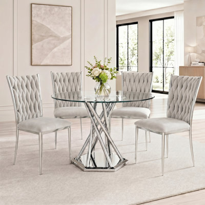 Ensemble de table de salle à manger de 47,2 po pour 4 personnes, ensemble de tables de salle à manger rondes modernes en verre avec 4 chaises rembourrées