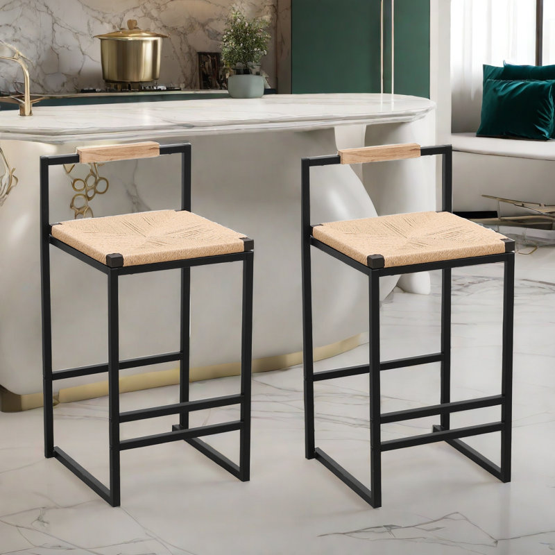Eglantier Paper Rope Weave Bar Stools with  Backrest and Footrest, Metal Frame