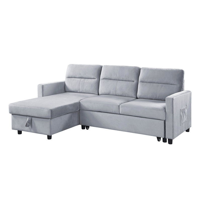 81.5"W Velvet Reversible Sleeper Sectional Sofa With Storage Chaise And Side Pocket, Light Gray Velvet