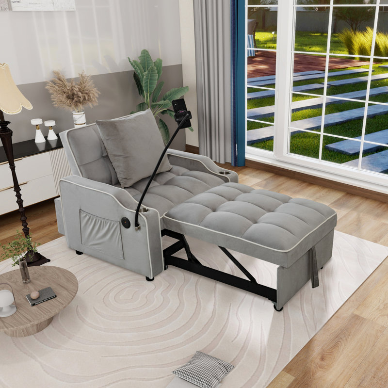 Chaise convertible simple, canapé-lit futon en velours 3 en 1 avec support pour téléphone et ports USB, canapé-lit escamotable, fauteuil inclinable réglable pour le salon, le bureau et les petits espaces (gris clair)