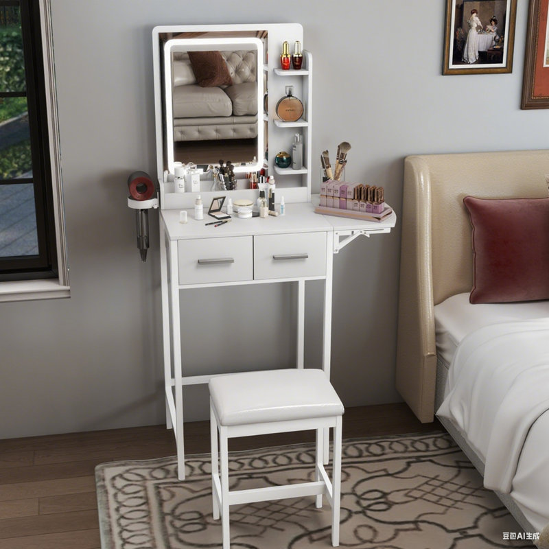 Small Makeup Vanity Set with LED Mirror & Stool, White