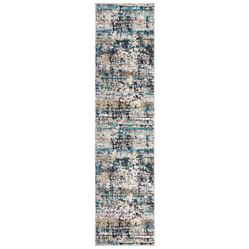 Tapis abstrait crème / bleu Felty, Tapis de couloir 2 pi x 8 pi