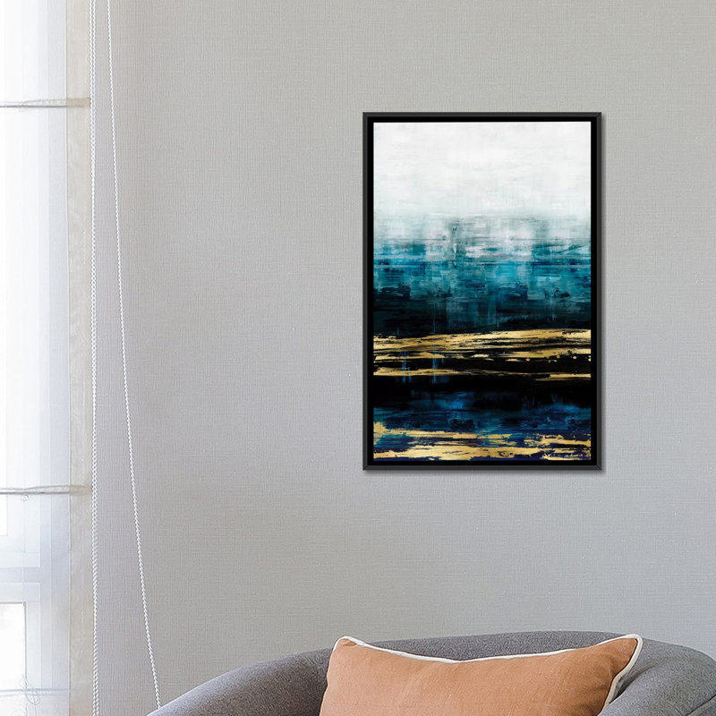 «Aqua Reflections with Gold» non disponible sur toile, H 60 po x l 40 po x P 1,5 po, Toile encadrée noire, Pas de tapis
