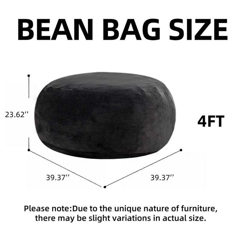 4ft Memory Foam Bean Bag Chair For Adults & Teens, Soft Round Sofa With Removable Flannel Cover, Black – For Living Room, Bedroom, College Dorm