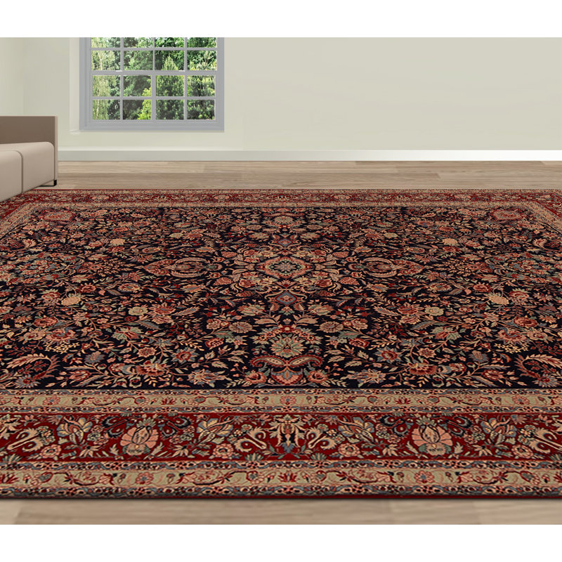 Tapis bleu marine et rouge de haute qualité noué à la main
