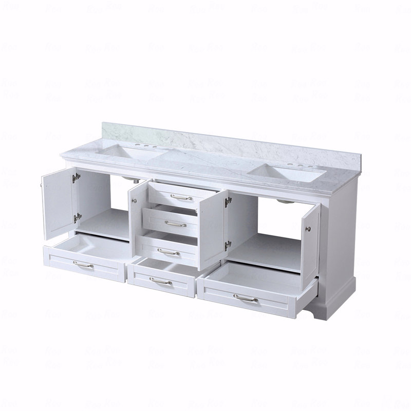 Meuble-lavabo à double cuve 80 po de largeur x 22 po de profondeur, comptoir en marbre de Carrare, Blanc