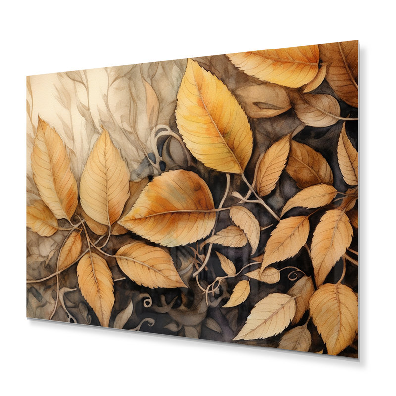 «Brown Beige Leafs Harmony II», reproduction d'art floral en métal, H 12 po x l 20 po x P 1 po
