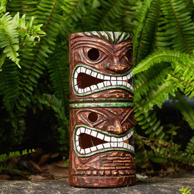 Solar Tiki Statue 10 Inch, Double Head Totem Pole With LED Lights, Hand Painted Resin Garden Decor For Patio Lawn Yard