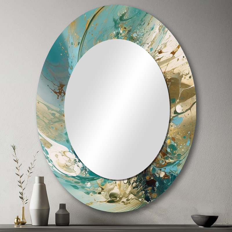 Pierrine turquoise jaune captivant liquide encre - miroir mural unique en marbre, 43 po x 33 po, Oval