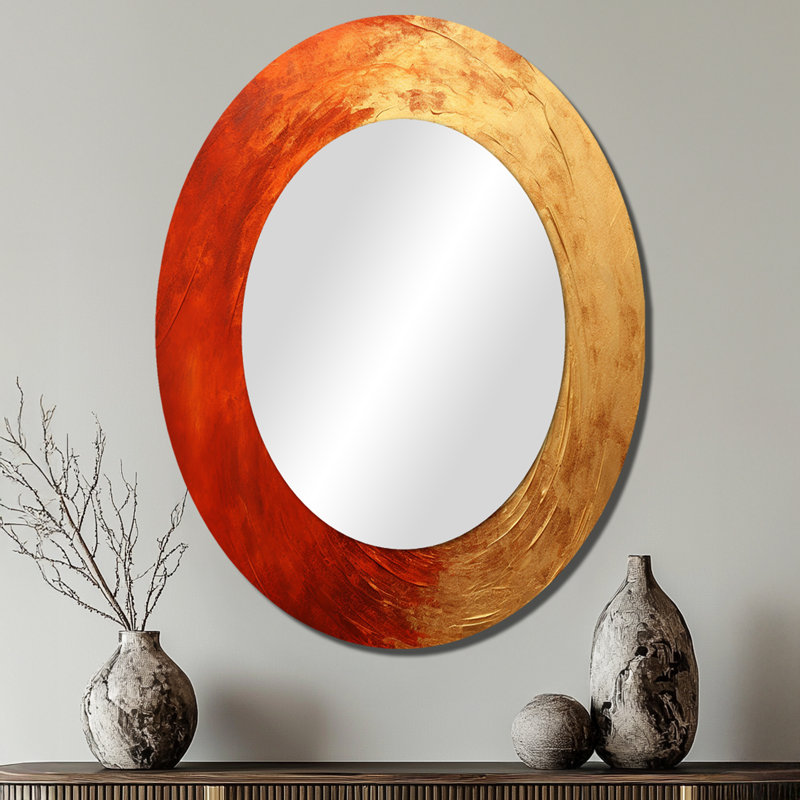 Miroir mural ovale doré sur fond rouge vermillon, 40 po x 30 po