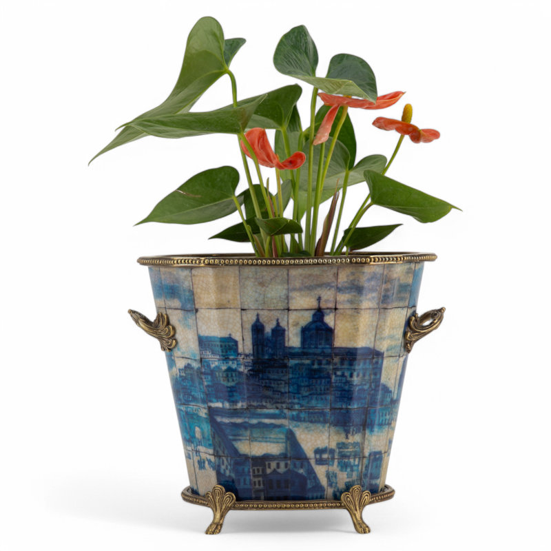 Porcelain Oval Planter With Bronze Ormolu Azure Village Collection