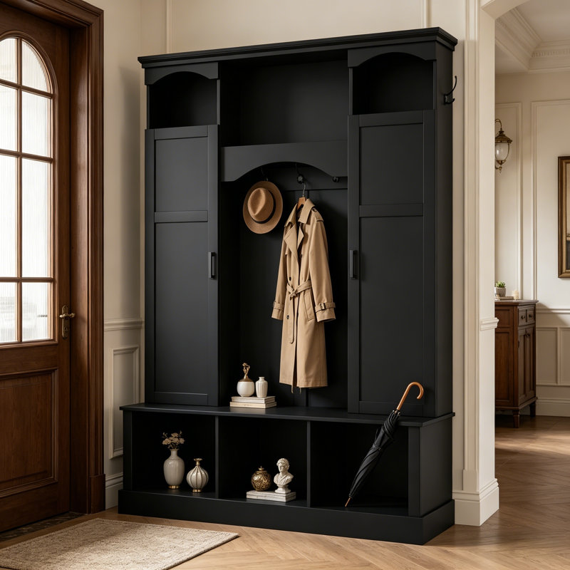 This Vintage Farmhouse Entryway Organizer Adopts Refined Arched Styling, With A Bench, Side Cabinet And Seven Hooks For Ample Daily Storage.