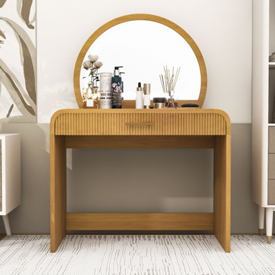 Modern Makeup Vanity Table with LED Touch Mirror, Curved Edges and Wavy Drawer by Ivy Bronx