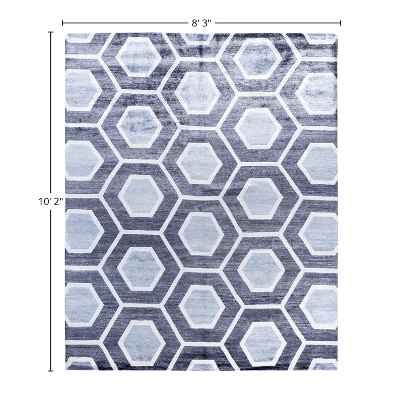 Gray and White Hand-Knotted Silk Rectangular Area Rug