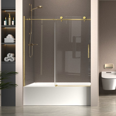 57"-59" W x 60" H Frameless Sliding Tub Door, 5/16" (8mm) Clear Tempered Glass, Single Sliding Bathtub Door with Stainless Steel Roller, Reversible Installation