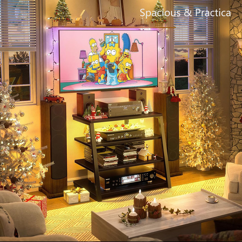Black Ebony 30'' Corner Media Stand with LED Lights and Power Strips