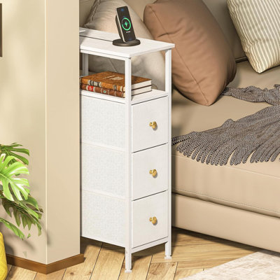 Narrow Dresser with Charging Station, Tall Skinny Nightstand with 3 Fabric Drawers, Dorm Silm Bedside Table by Ebern Designs