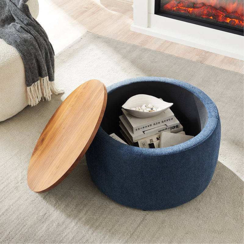 Round Storage Ottoman, 2 In 1 Function, Work As End Table And Ottoman (Only One Ottoman), Navy
