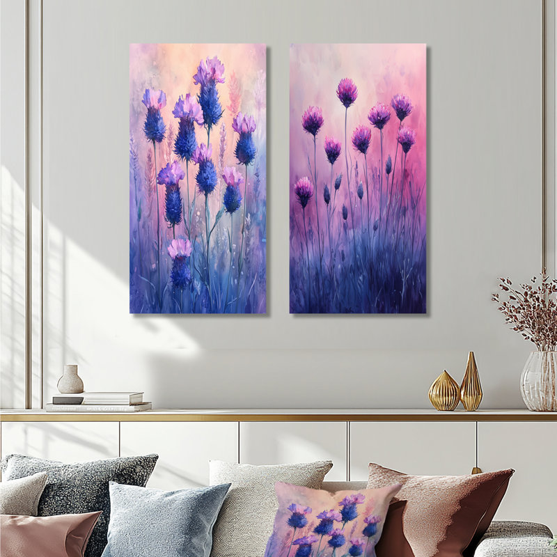Rêve de champs de bleuet en mauve I - Collection d'art floral sur toile 2 panneaux, H 28 po x l 25 po, Toile tendue
