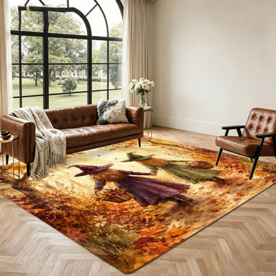 Tapis d'automne sorcières qui marchent avec des paniers, zone de scène de forêt d'automne enchanteur, salon décoratif, chambre à coucher confortable, décoration de maison fantaisiste, décorations de Pâques uniques