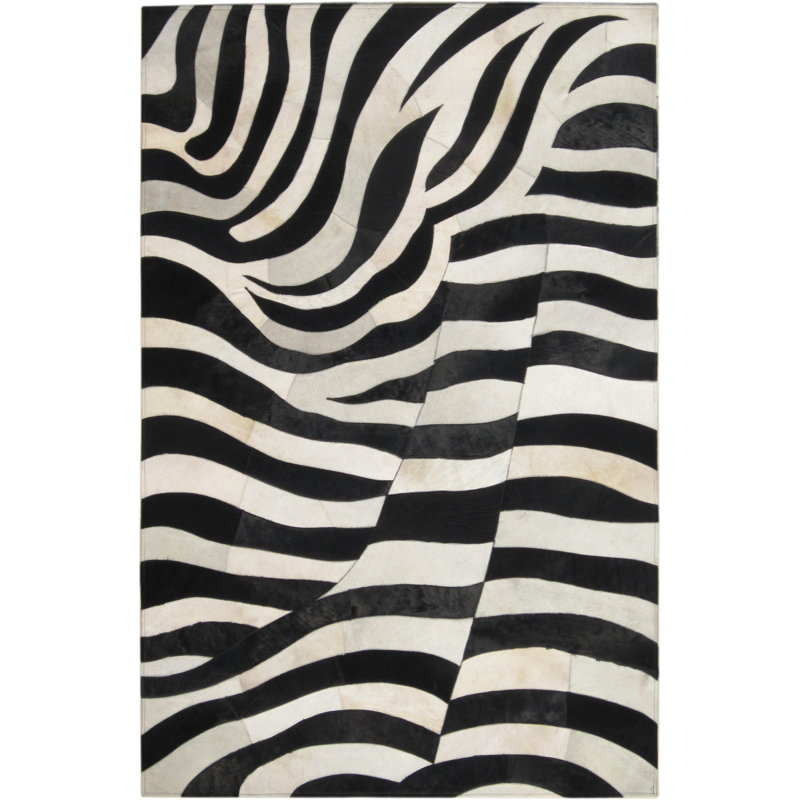 Area Cowhide Animal Print Area Rug in Black/Off White/Cream, Rectangle 6' x 9'