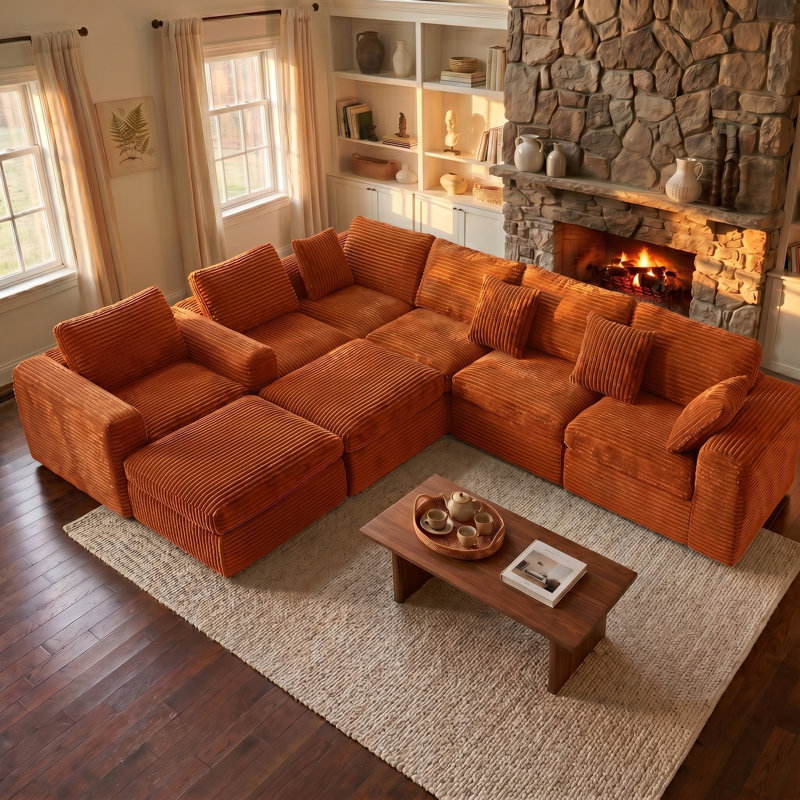 Canapé modulaire réversible en velours côtelé de 138,2 po de largeur 138,2 po, 8 pièces, canapé modulaire rembourré 8 pièces avec console et 2 repose-pieds, sans compression, sans assemblage requis