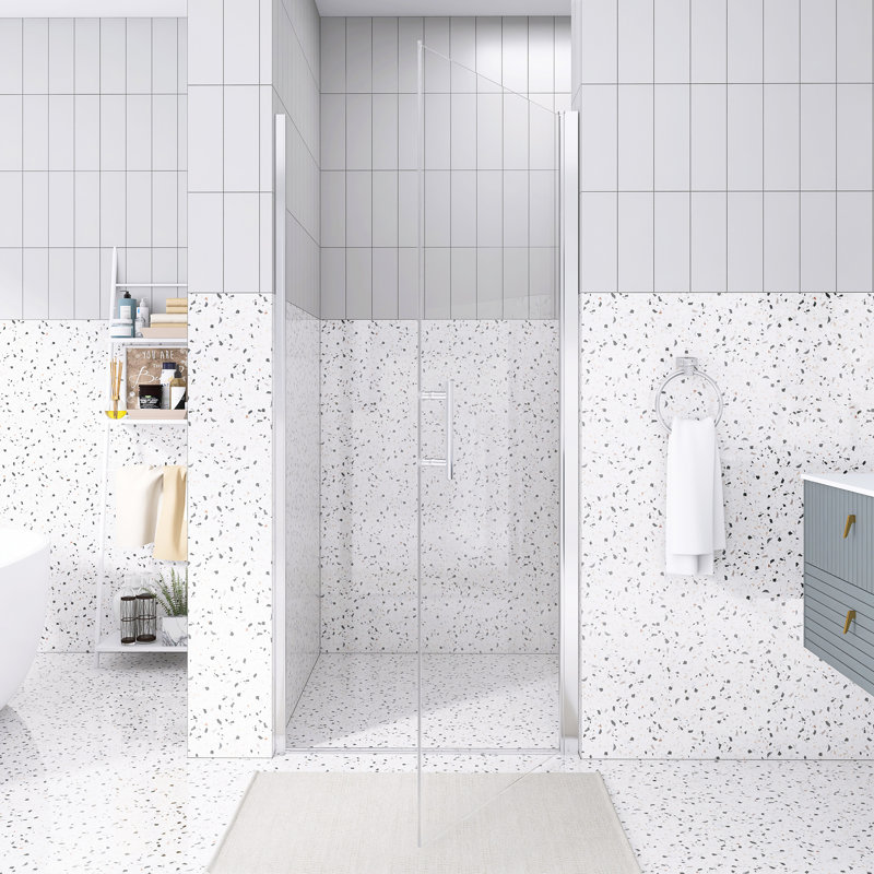 Porte de douche pivotante 34 po x 72 po | Cadre en aluminium chromé | Demi-cadre | Verre trempé 1/4 de pouce avec film antidéflagrant | Poignée en acier inoxydable