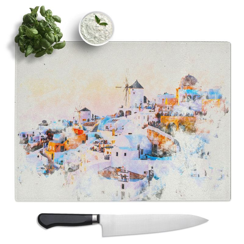 Oia Santorini Skyline In Greece  Glass Chopping Board