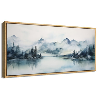 «Woodland Forest Landscape Mountain Lake Calm Misty Landscape Vintage Inspired Stripes Antique Retro Extra Large Wall Decor», reproduction encadrée