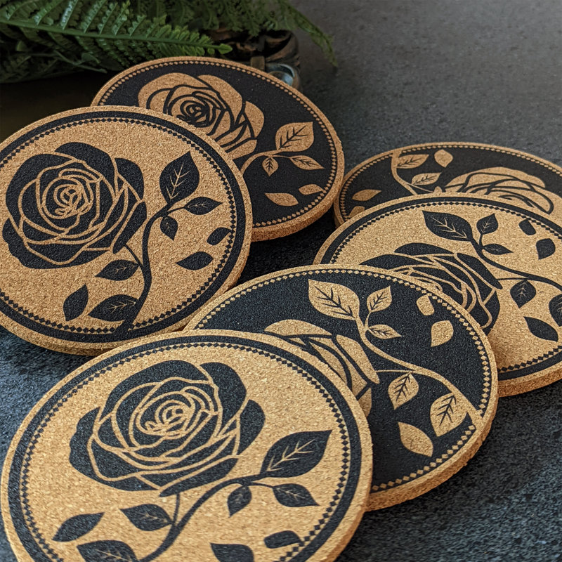 Black Rose Cork Round Coaster Set with Metal Holder