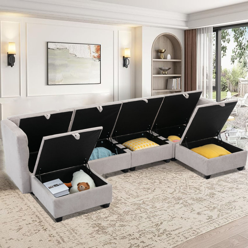 Canapé-lit modulaire convertible de 6 pièces Hashim, 100 % polyester gris clair
