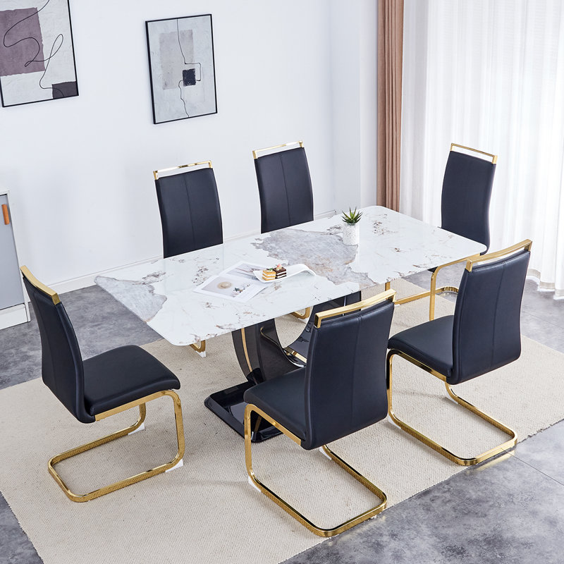 Ensemble de table de salle à manger en verre pour 6, Noir, 7 pièces : table, 6 chaises