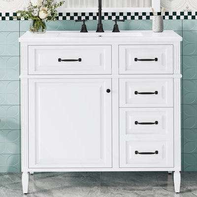 Meuble-lavabo de 36 pouces avec comptoir en céramique, structure en bois massif et armoire en panneau de fibres à densité moyenne, tiroir rabattable avec tablette réglable et poignées en métal, armoire de rangement autoportante (robinet non inclus)